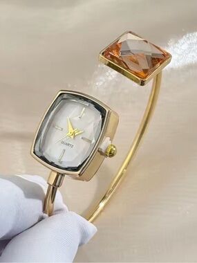 Macy's Gold-Tone Open Cuff Watch with Amber Crystal Accent
